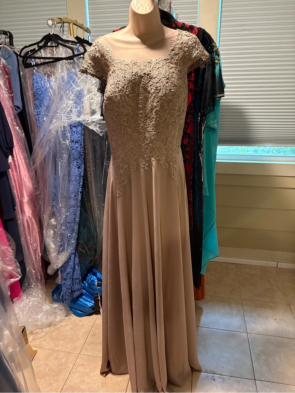 Cap-Sleeve Lace Bodice Maxi Dress in Champagne Taupe - Picture 5 of 5